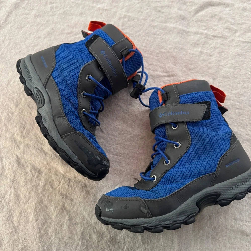 Columbia Waterproof Snow Boots Kids 1 Blue Grey Techlite Omni-Grip Winter Hiking